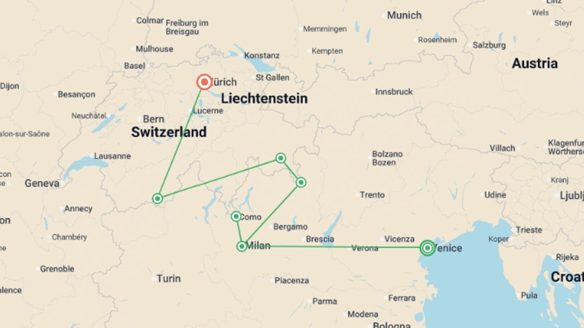 A map showing the tour itinerary for the trip: Romantic Italy to Swiss Alpine by Rail, starting in Venice, Italy and ending in Zurich, Switzerland going through 3 other destinations.