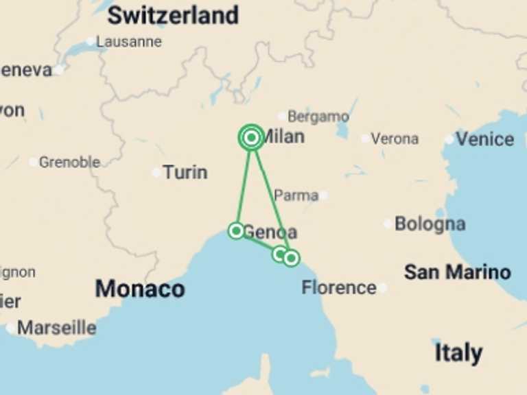Map of Milan Explorer Tour with 2 destination visits for the trip: Milan & Liguria Highlights - 6 days