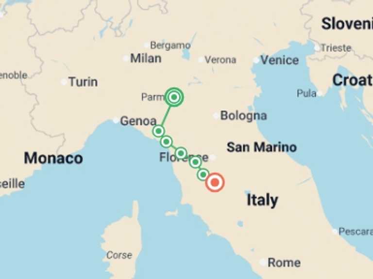 Map itinerary of Europe Tour in May 2026 with 7 destination visits for the trip: Cycle the Via Francigena - Parma to Siena