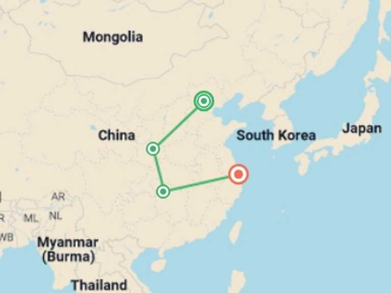 Map itinerary of China Tour in September 2026 with 4 destination visits for the trip: Totally China & Zhangjiajie - 11 days