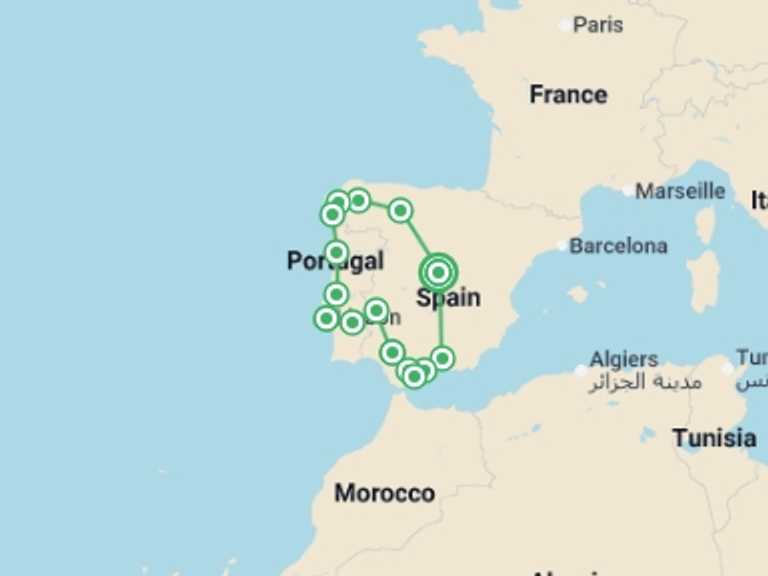 Map itinerary of Spain Tour in February 2026 with 6 destination visits for the trip: Spanish and Portuguese Landscapes