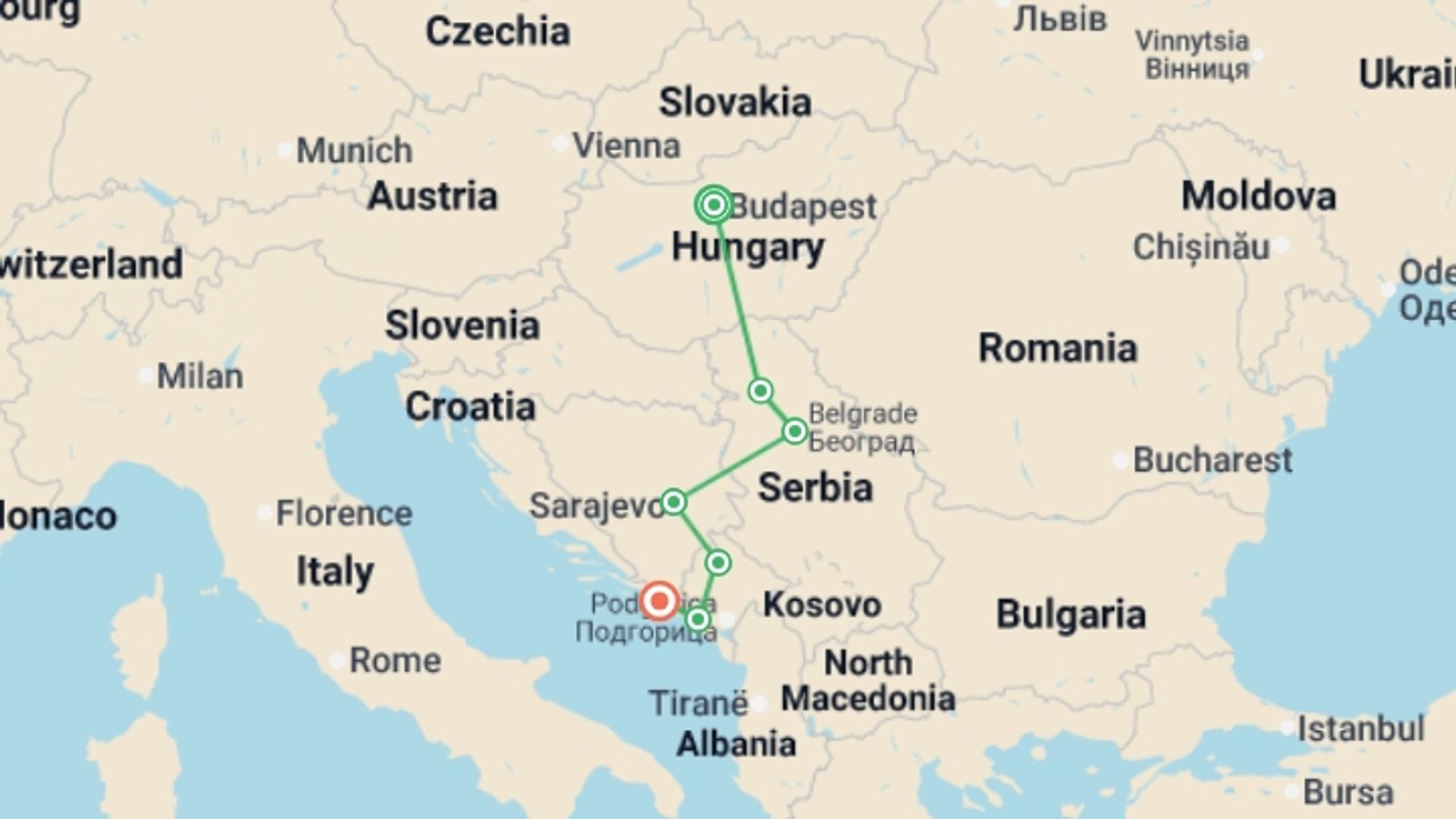 A map showing the tour itinerary for the trip: Balkan Adventure, starting in Budapest, Hungary and ending in Dubrovnik, Croatia going through 5 other destinations.