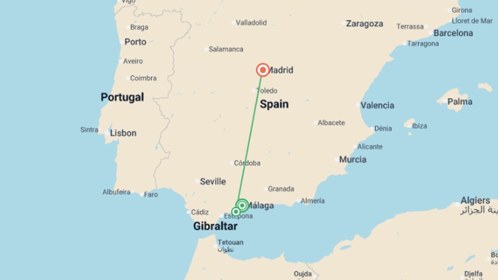 A map showing the tour itinerary for the trip: Spain's Costa del Sol & Madrid , starting in Malaga, Spain and ending in Madrid, Spain going through 1 other destinations.