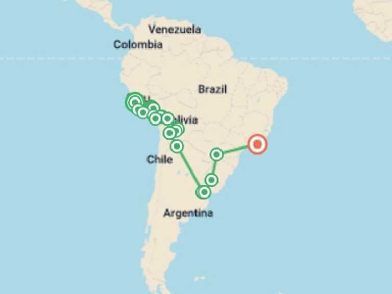 Map itinerary of Machu Picchu Tour in Spring with 20 destination visits for the trip: South America Highlights