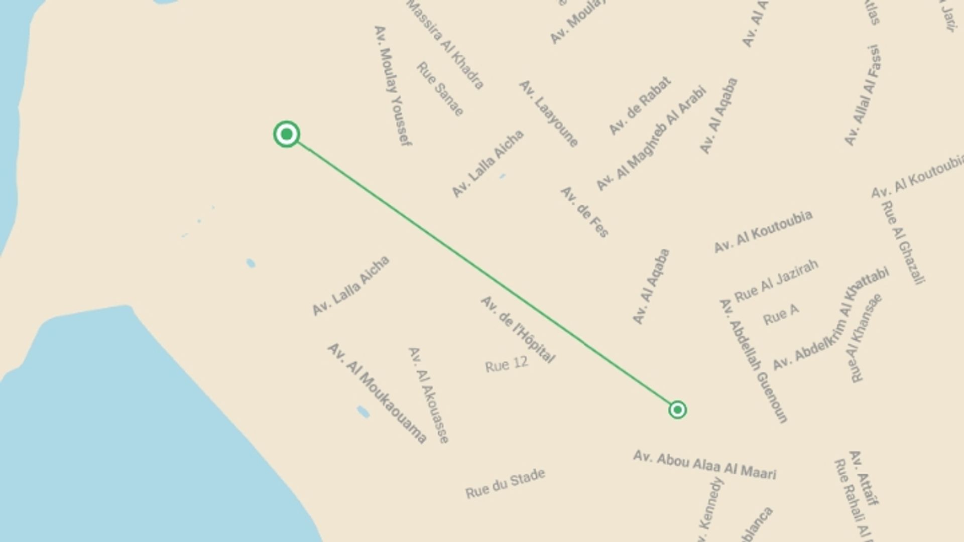 A map showing the tour itinerary for the trip: Fun Kitesurfing Camp, starting in Essaouira, Morocco and ending in Essaouira, Morocco going through 1 other destinations.