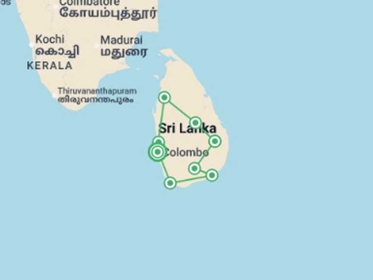 Map of 9-Day Sri Lanka Tour with 8 destination visits for the trip: Safari in Sri Lanka - 9 days