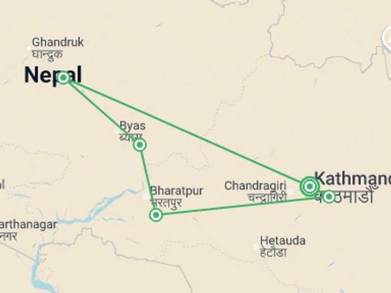 Map of Asia Tour with 5 destination visits for the trip: Classic Nepal