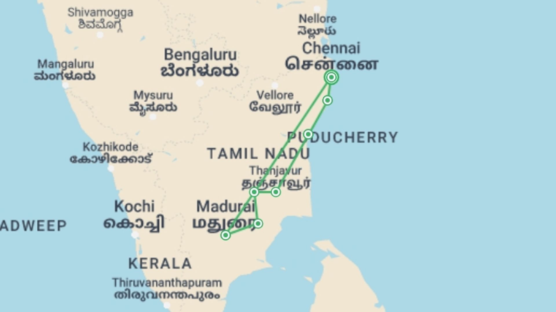 A map showing the tour itinerary for the trip: Explore Tamil Nadu (South India), starting in Chennai, India and ending in Chennai, India going through 7 other destinations.