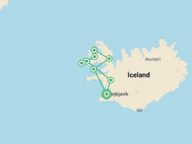 Map itinerary of Europe Tour in Summer with 4 destination visits for the trip: Westfjords of Iceland - 8 days