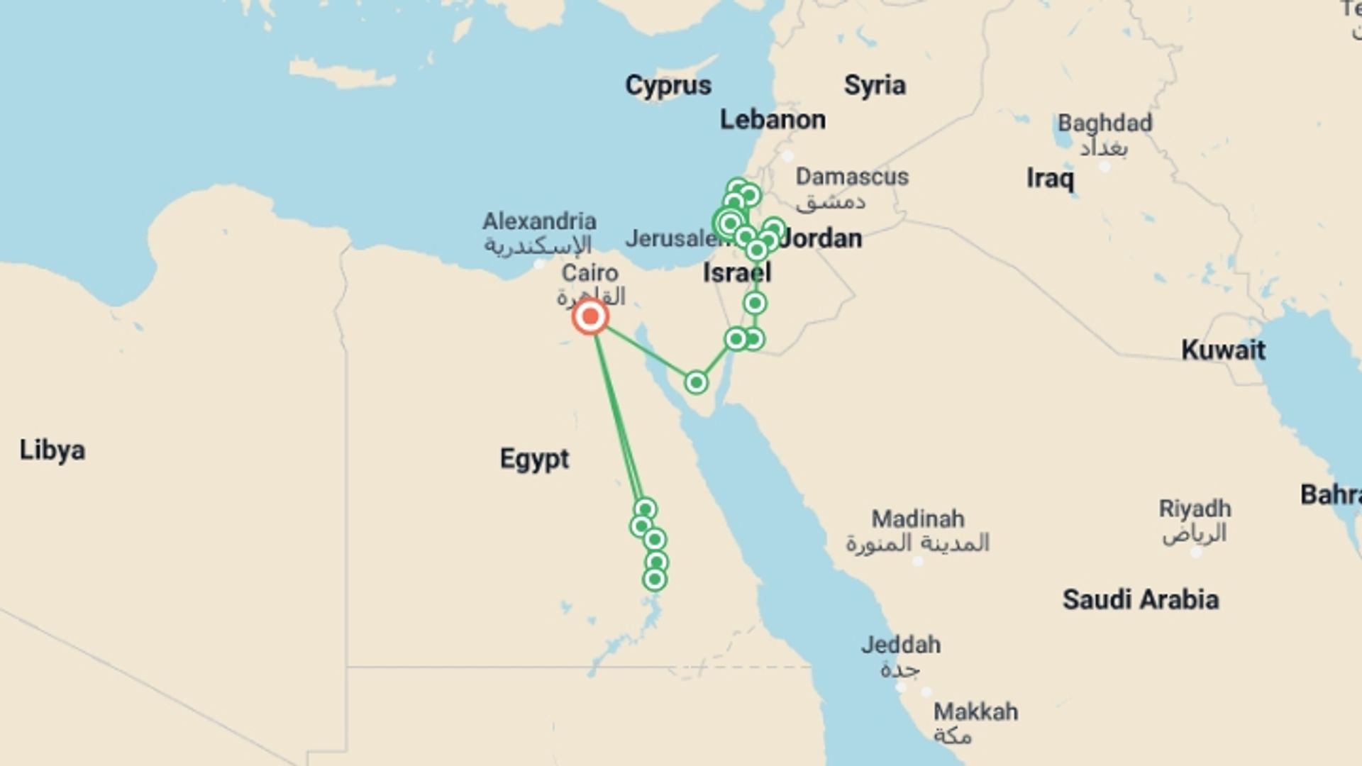 A map showing the tour itinerary for the trip: Legend of Israel, Jordan and Egypt, starting in Tel Aviv, Israel and ending in Cairo, Egypt going through 10 other destinations.