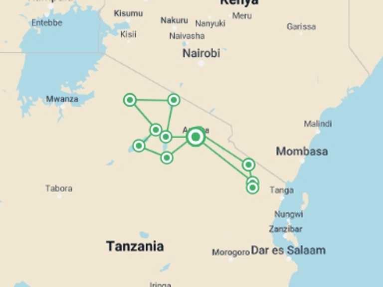 Map of Ngorongoro Crater Adventure Tour with 11 destination visits for the trip: Tanzania Safari in Style