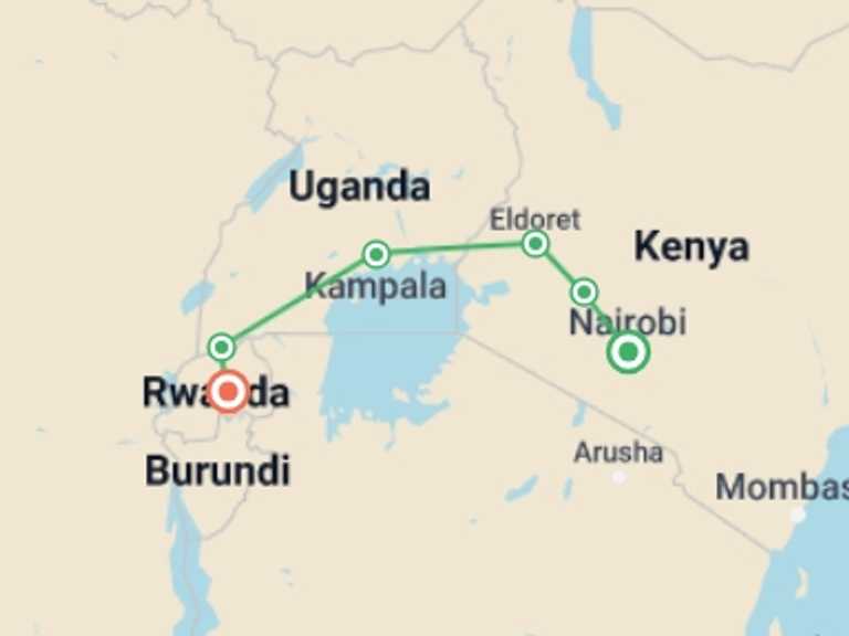 Map of Nairobi Overland Journeys Tour with 5 destination visits for the trip: Nairobi To Kigali (13 Days) Gorillas & Gameparks
