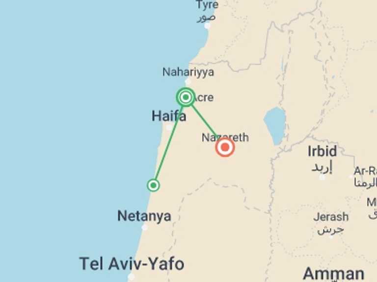 Map itinerary of Israel Tour in February 2026 with 2 destination visits for the trip: Nazareth And Caesarea, 2 Days From Tel Aviv