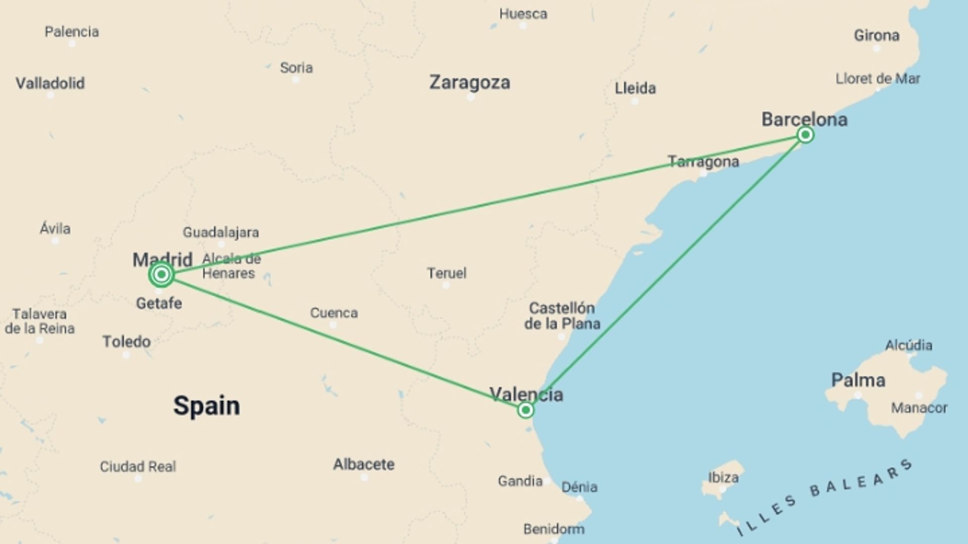 A map showing the tour itinerary for the trip: 4-day Guided Tour Valencia & Barcelona From Madrid (c-441), starting in Madrid, Spain and ending in Madrid, Spain going through 2 other destinations.