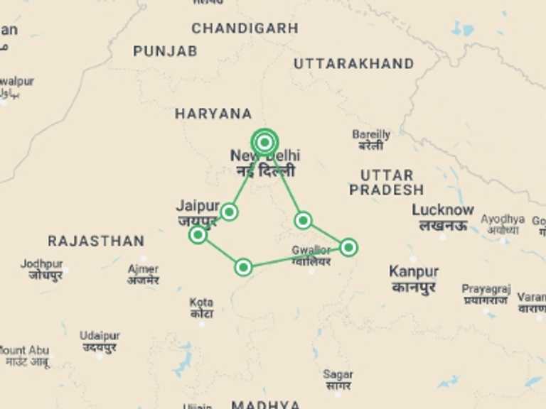 Map of 10-Day New Delhi Tour with 6 destination visits for the trip: Royal Rajasthan Tour