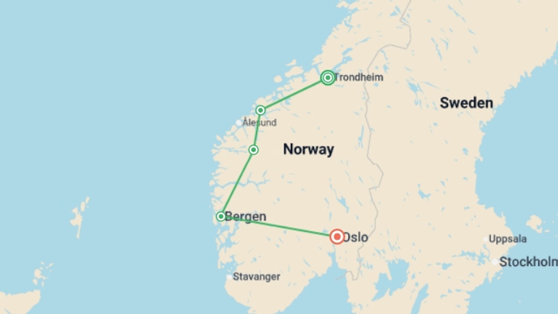 A map showing the tour itinerary for the trip: The beautiful Norway End Oslo, starting in Trondheim, Norway and ending in Oslo, Norway going through 3 other destinations.