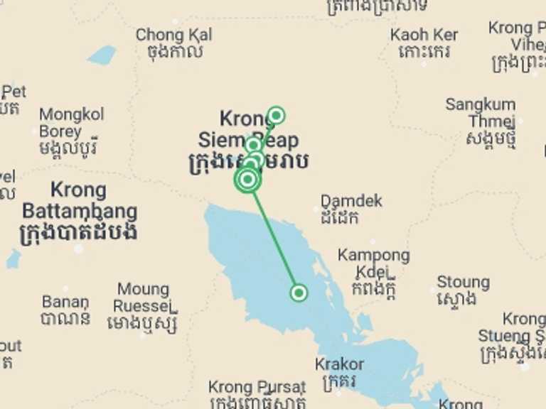 Map of Cambodia Tour with 1 destination visits for the trip: Angkor Temples & Lost City Of Ta Prohm, Private Tour
