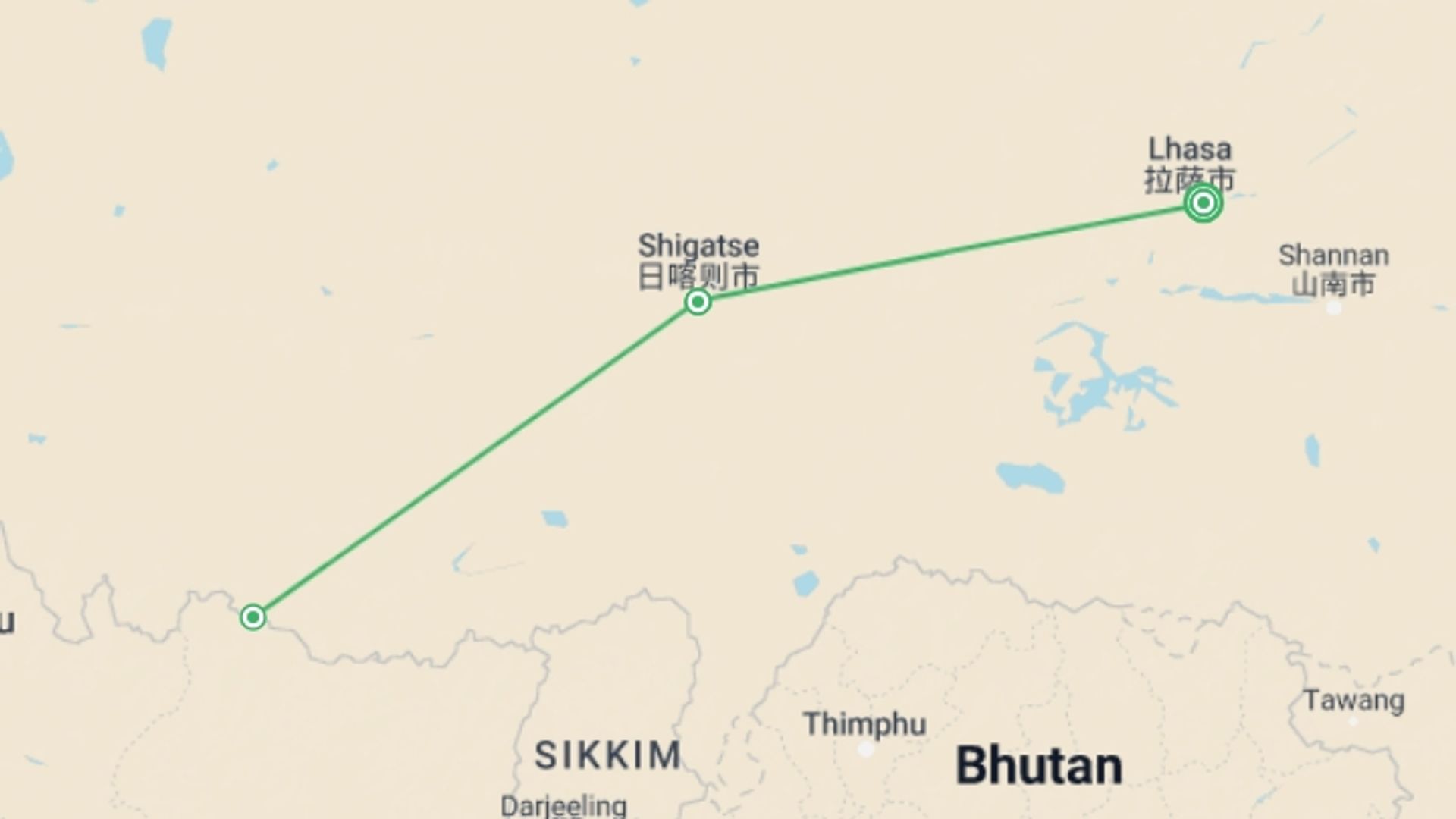 A map showing the tour itinerary for the trip: Mount Everest Base Camp from Lhasa: 8-Day Group Tour, starting in Lhasa, China and ending in Lhasa, China going through 4 other destinations.