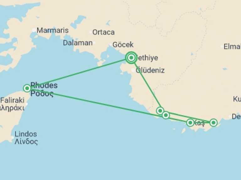 Map of Mediterranean Tour with 6 destination visits for the trip: Turquoise Blue - Fethiye/Kekova/Fethiye
