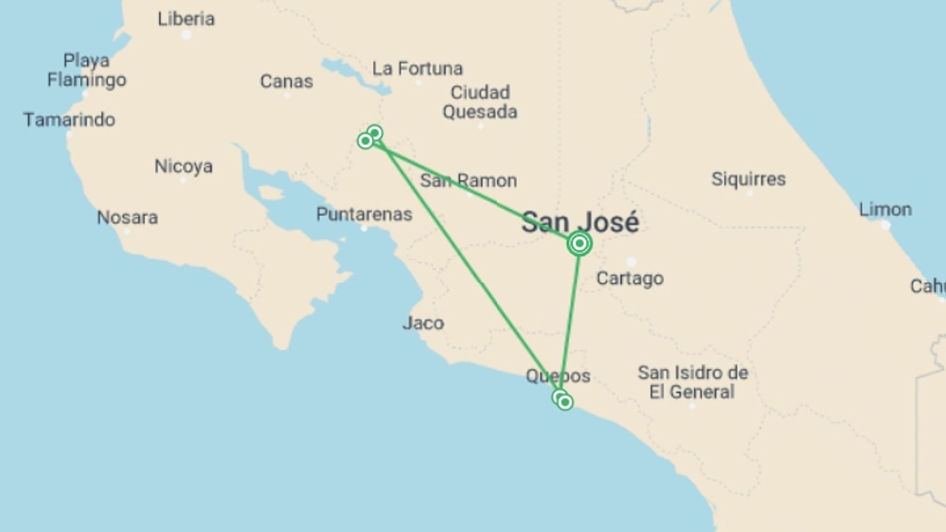 A map showing the tour itinerary for the trip: 7 Days: Highlights of Costa Rica, starting in San Jose, Costa Rica and ending in San Jose, Costa Rica going through 4 other destinations.