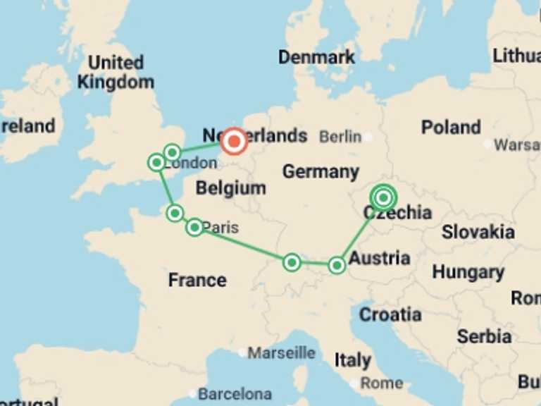 Map of Europe Tour with 8 destination visits for the trip: Refined Sentiment GO