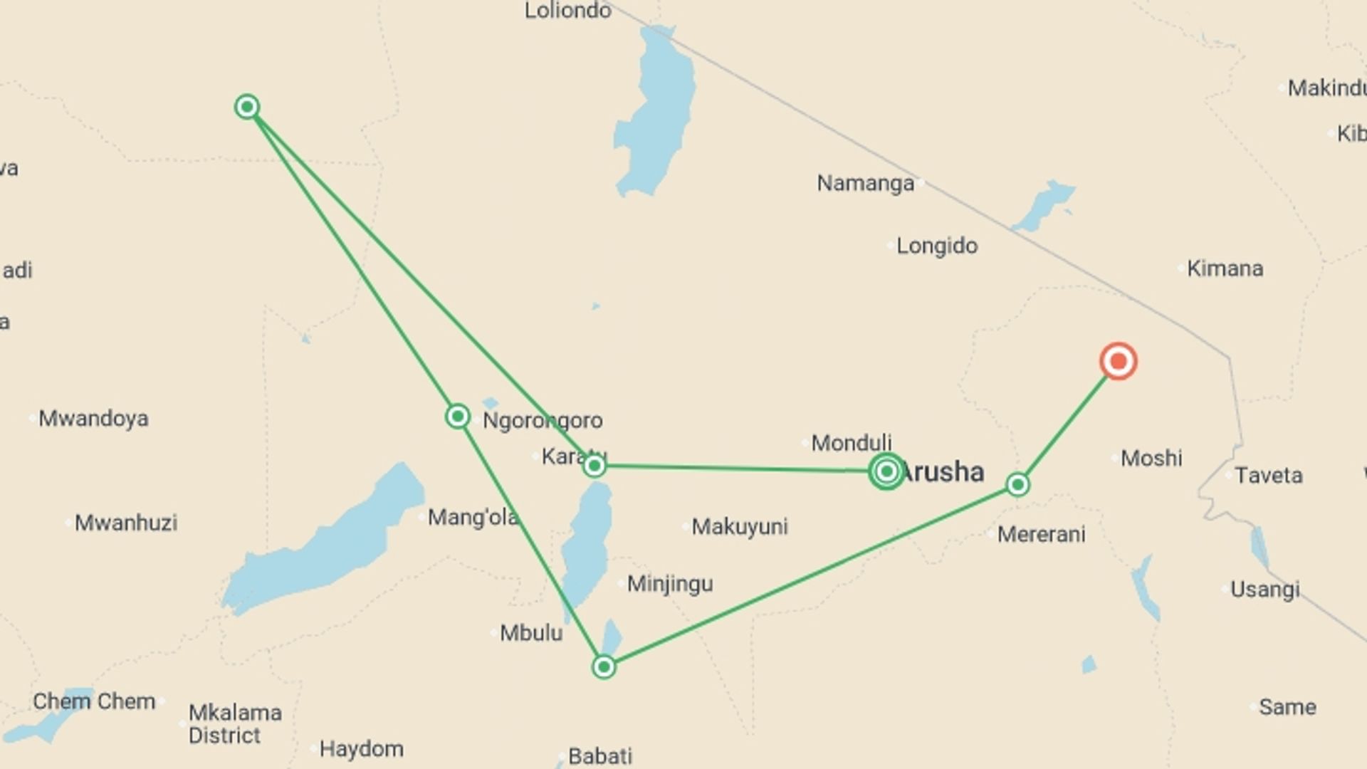 A map showing the tour itinerary for the trip: Serengeti Wildlife Experience, starting in Arusha, Tanzania and ending in Kilimanjaro, Tanzania going through 5 other destinations.