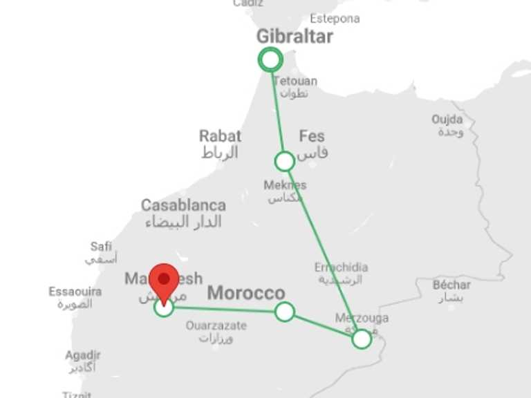 Map of Mediterranean Tour with 9 destination visits for the trip: Moroccan Cities: Tangier to Marrakech (6 Days)