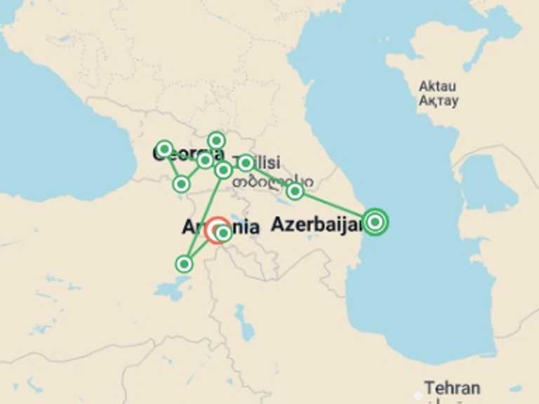 Map of Europe Tour with 11 destination visits for the trip: The Best of Azerbaijan, Georgia and Armenia