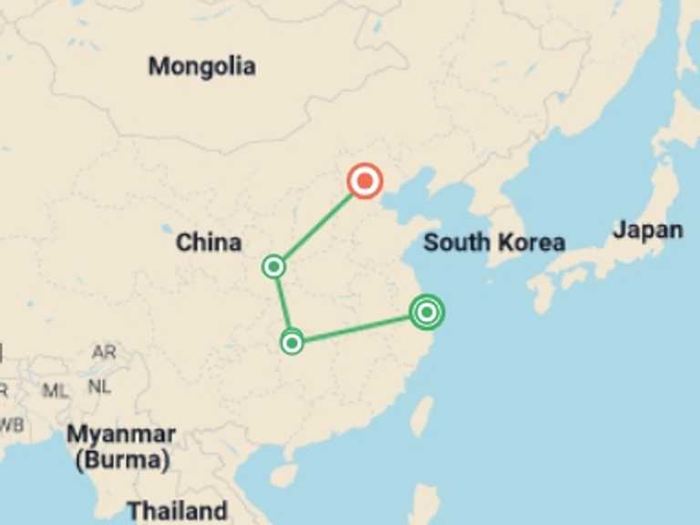 Map of China Tour with 6 destination visits for the trip: China Golden Triangle & Zhangjiajie National Forest Park