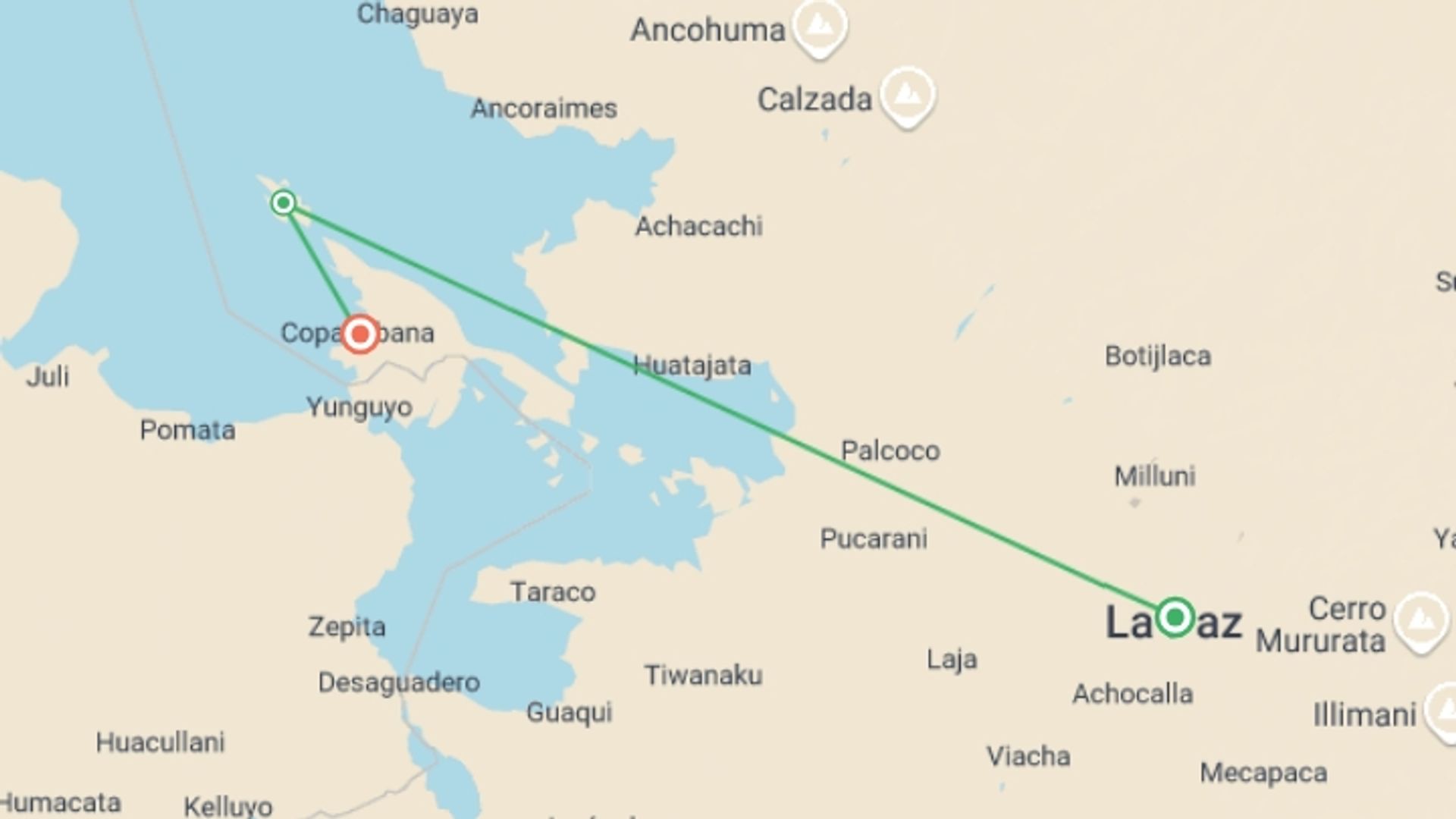 A map showing the tour itinerary for the trip: Lake Titicaca & Isla del Sol Adventure 2D/1N (La Paz to Copacabana), starting in La Paz, Bolivia and ending in Copacabana, Bolivia going through 1 other destinations.
