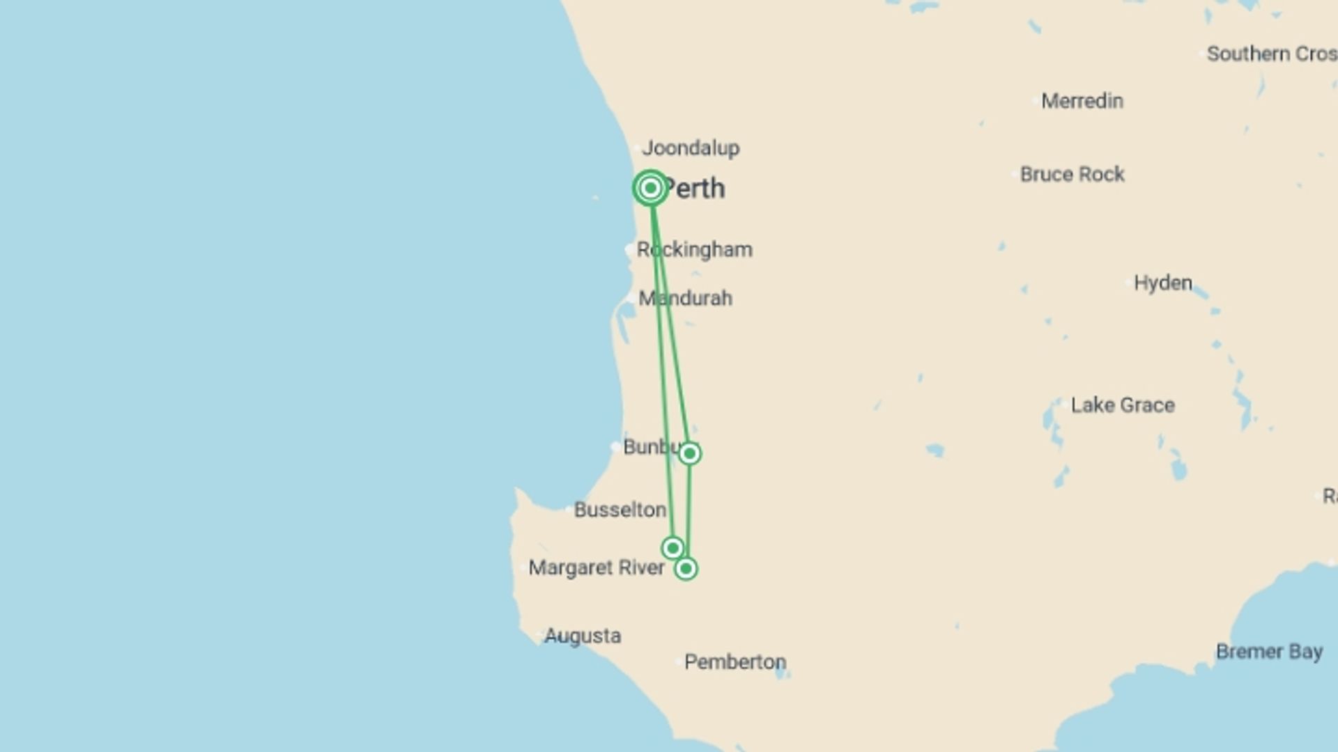 A map showing the tour itinerary for the trip: Hike the Bibbulmun Track: Donnelly River to Balingup, starting in Perth, Australia and ending in Perth, Australia going through 3 other destinations.