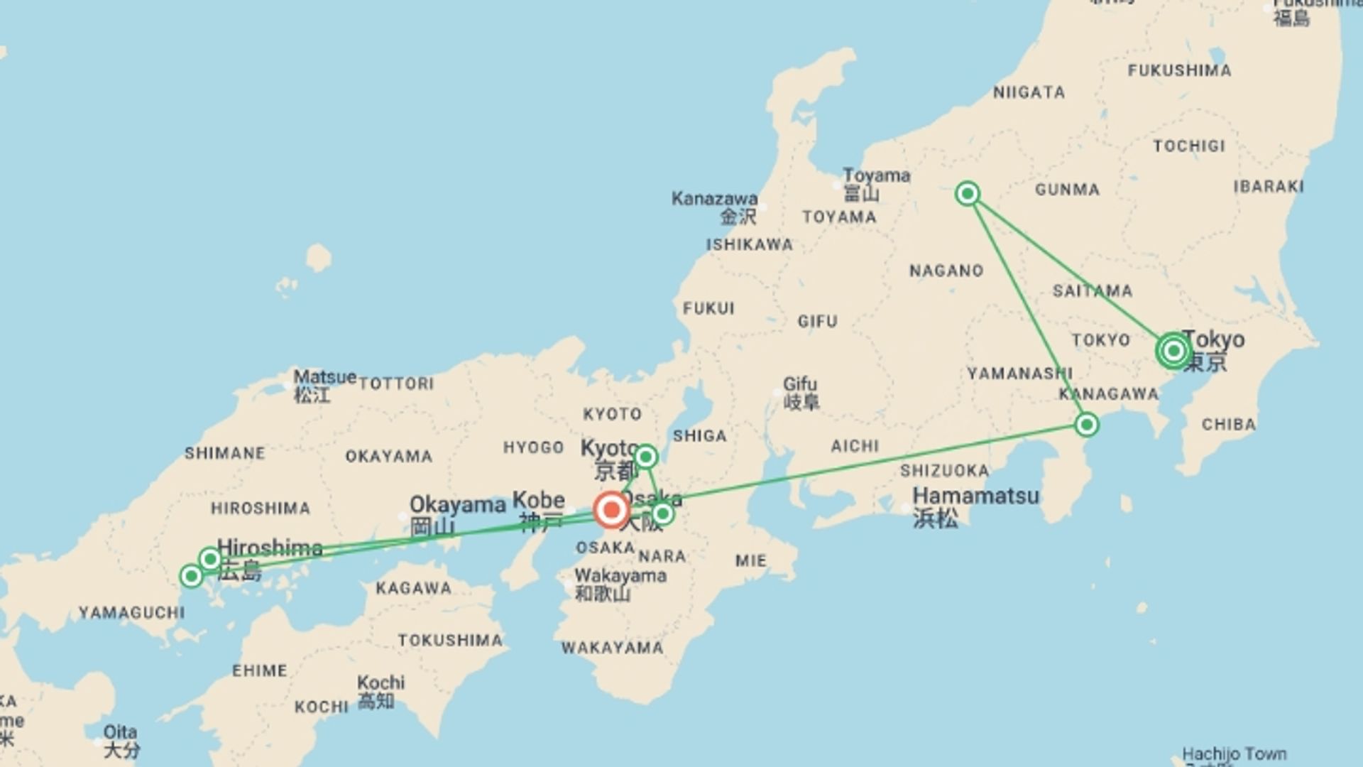 A map showing the tour itinerary for the trip: Japan Adventure 17 Day, starting in Tokyo, Japan and ending in Osaka, Japan going through 7 other destinations.