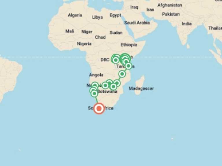 Map of a Explorer Tour with 21 destination visits for the trip: Nairobi To Cape Town (76 Days) Grand Adventurer