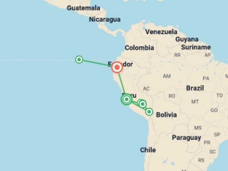 Map of South America Tour with 7 destination visits for the trip: Peru & Galapagos Discovery - 15 Days