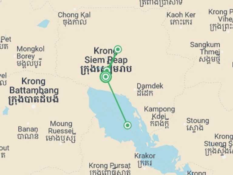 Map itinerary of Cambodia Tour in March 2027 with 2 destination visits for the trip: Cambodia's Secrets of Angkor