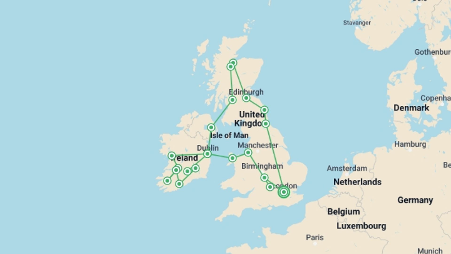 A map showing the tour itinerary for the trip: Treasures Of England Scotland and Ireland, starting in London, England and ending in London, England going through 10 other destinations.