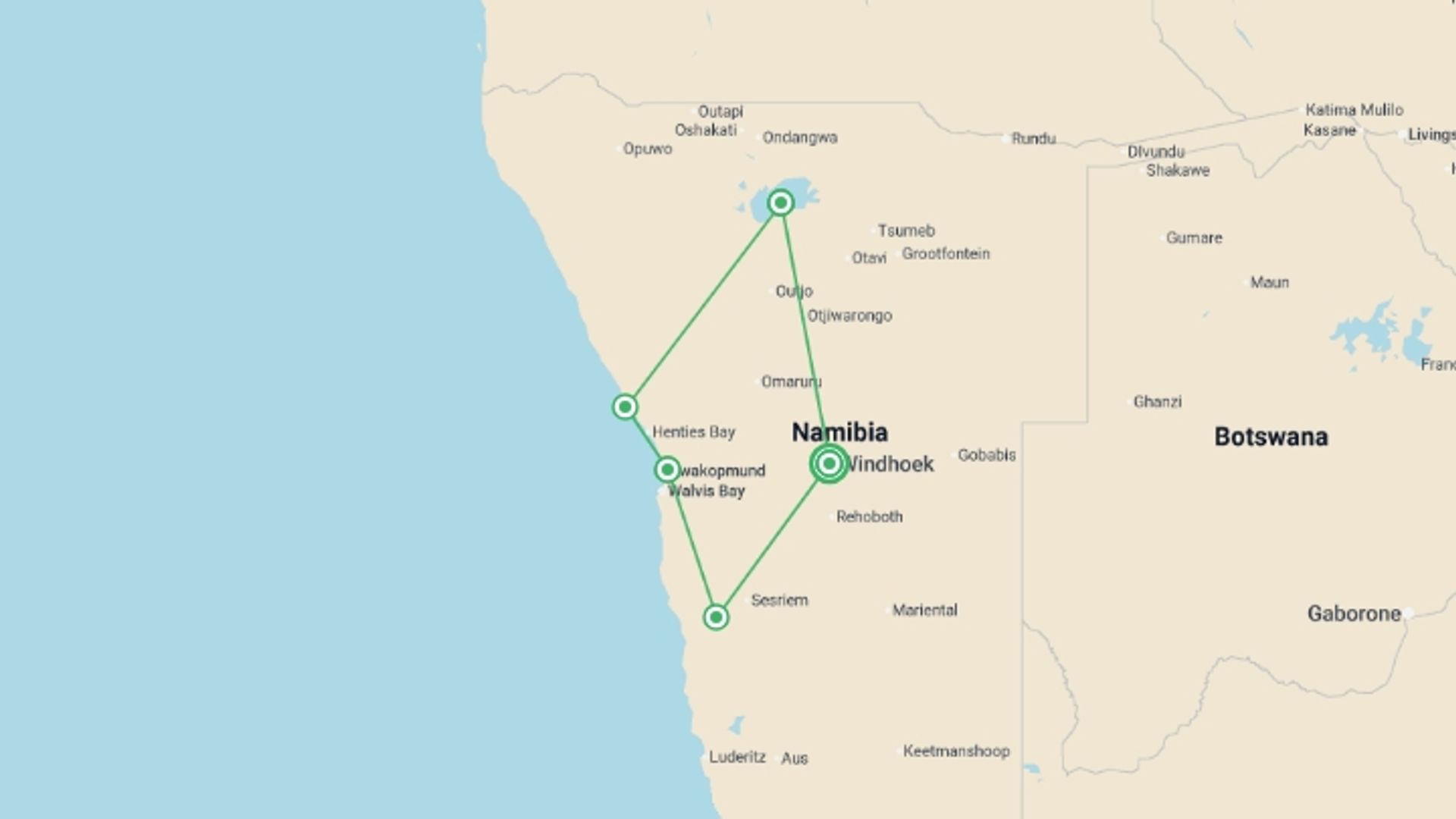 A map showing the tour itinerary for the trip: Namibia Lodge Safari, starting in Windhoek, Namibia and ending in Windhoek, Namibia going through 5 other destinations.