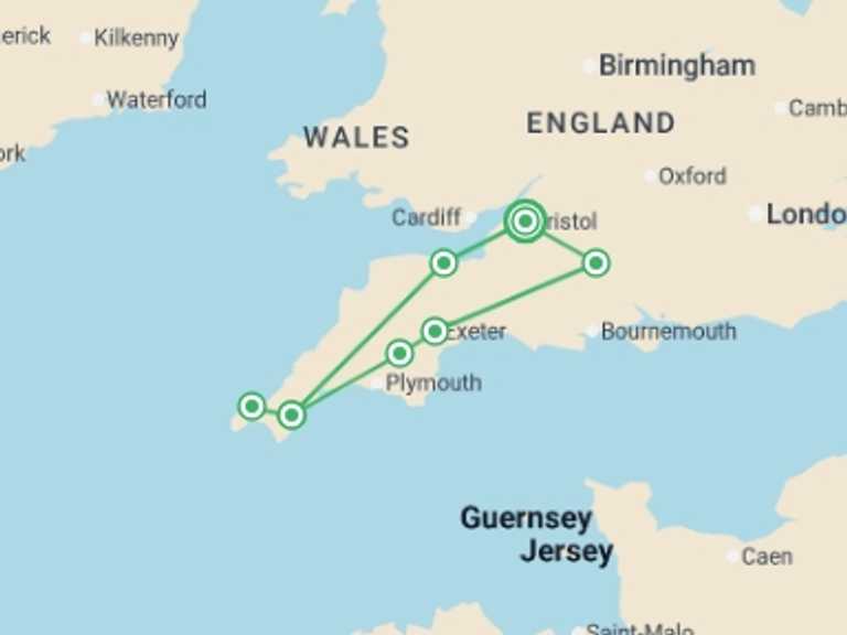 Map of England Tour with 3 destination visits for the trip: Southwest England From Bristol - 4 days