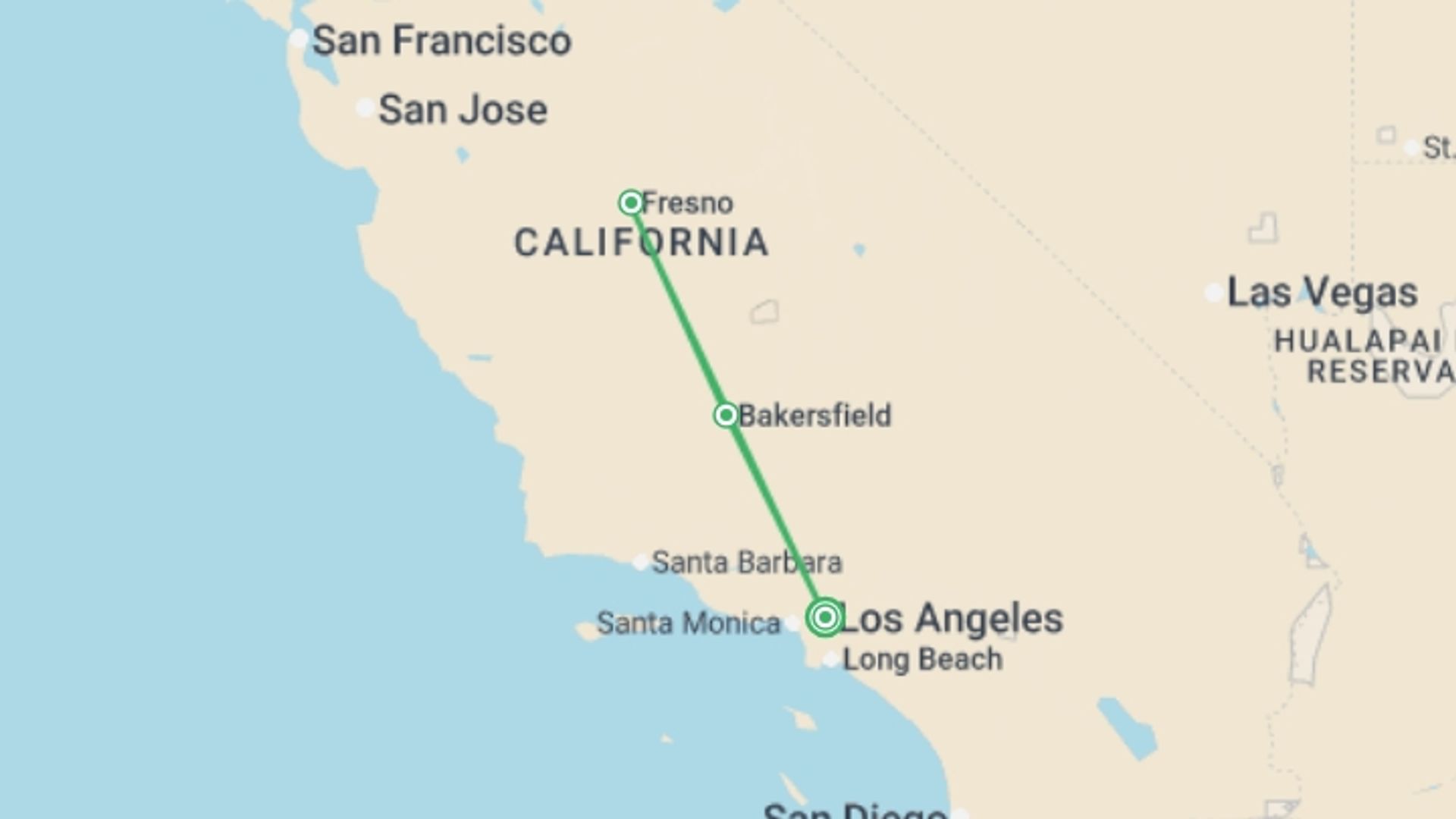 A map showing the tour itinerary for the trip: Yosemite and Giant Sequoia Excursion, starting in Los Angeles, USA and ending in Los Angeles, USA going through 2 other destinations.
