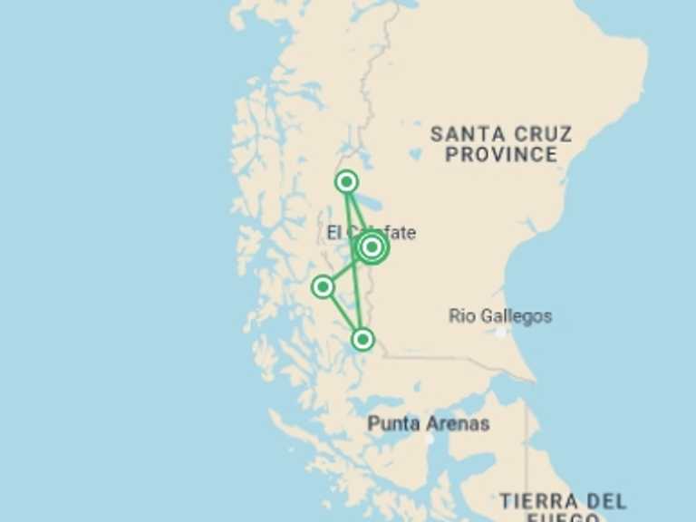 Map of Chile Tour with 6 destination visits for the trip: Patagonia Adventure