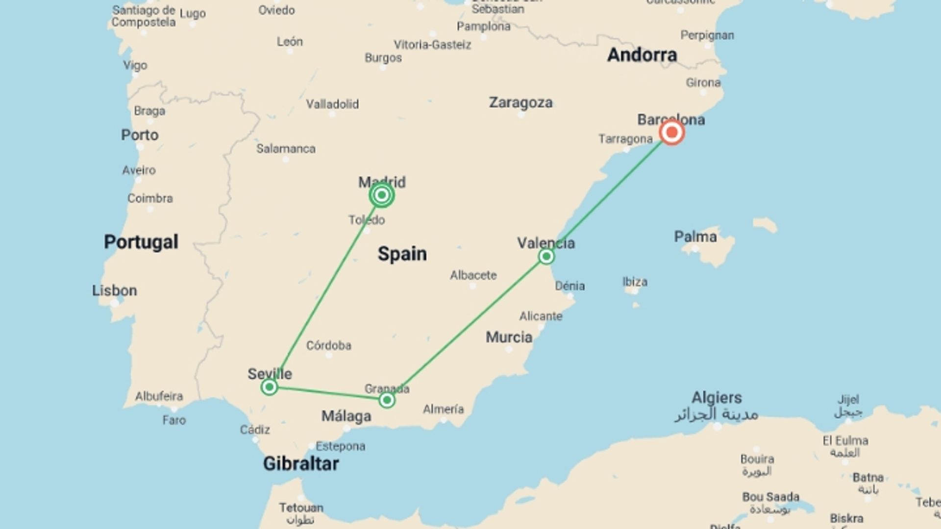 A map showing the tour itinerary for the trip: Spanish Wonder, starting in Madrid, Spain and ending in Barcelona, Spain going through 3 other destinations.