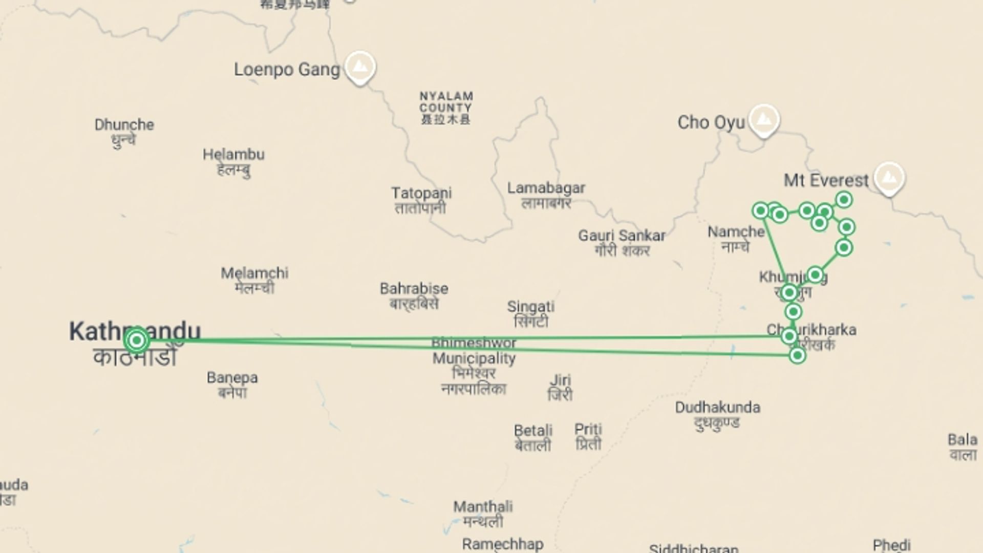 A map showing the tour itinerary for the trip: Everest Three Passes Trek, starting in Kathmandu, Nepal and ending in Kathmandu, Nepal going through 15 other destinations.