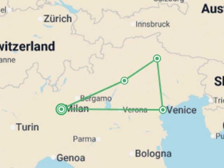 Map itinerary of Italy Tour in August 2026 with 4 destination visits for the trip: Milan to Venice & the Dolomites - 6 days