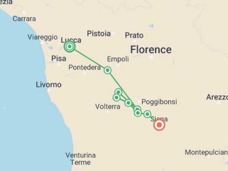 Map of Lucca Tour with 7 destination visits for the trip: Via Francigena: Lucca to Siena