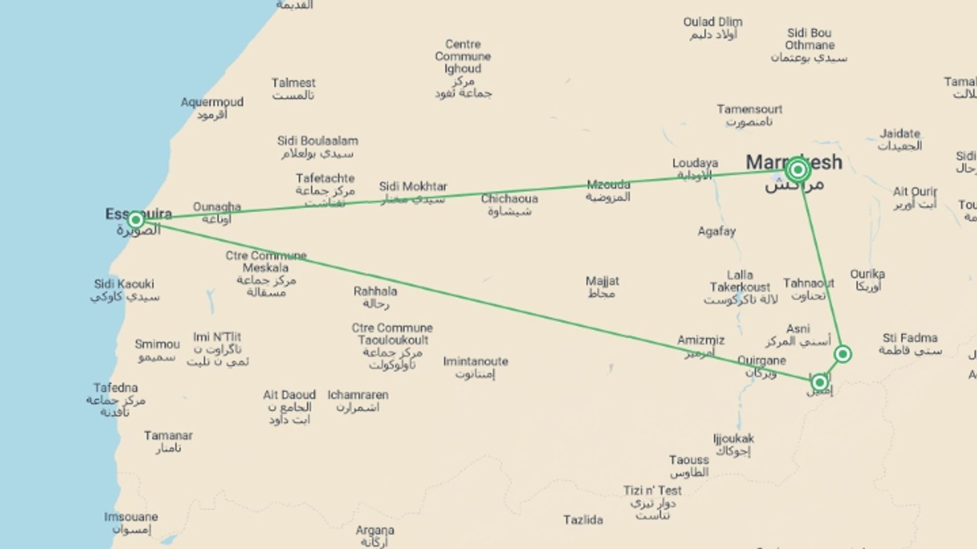 A map showing the tour itinerary for the trip: Premium Hiking and Trekking in Morocco, starting in Marrakech, Morocco and ending in Marrakech, Morocco going through 3 other destinations.