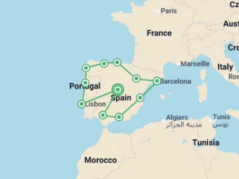 Map itinerary of Spain Tour in March 2027 with 11 destination visits for the trip: Great Iberian Tour