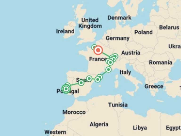 Map of Lisbon Cultural, religious and historic sites Tour with 9 destination visits for the trip: Essential Portugal, Spain, Switzerland and France