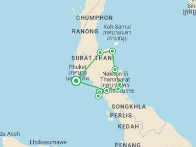 Map of Thailand Tour with 6 destination visits for the trip: Andaman To Gulf, Small Group Tour
