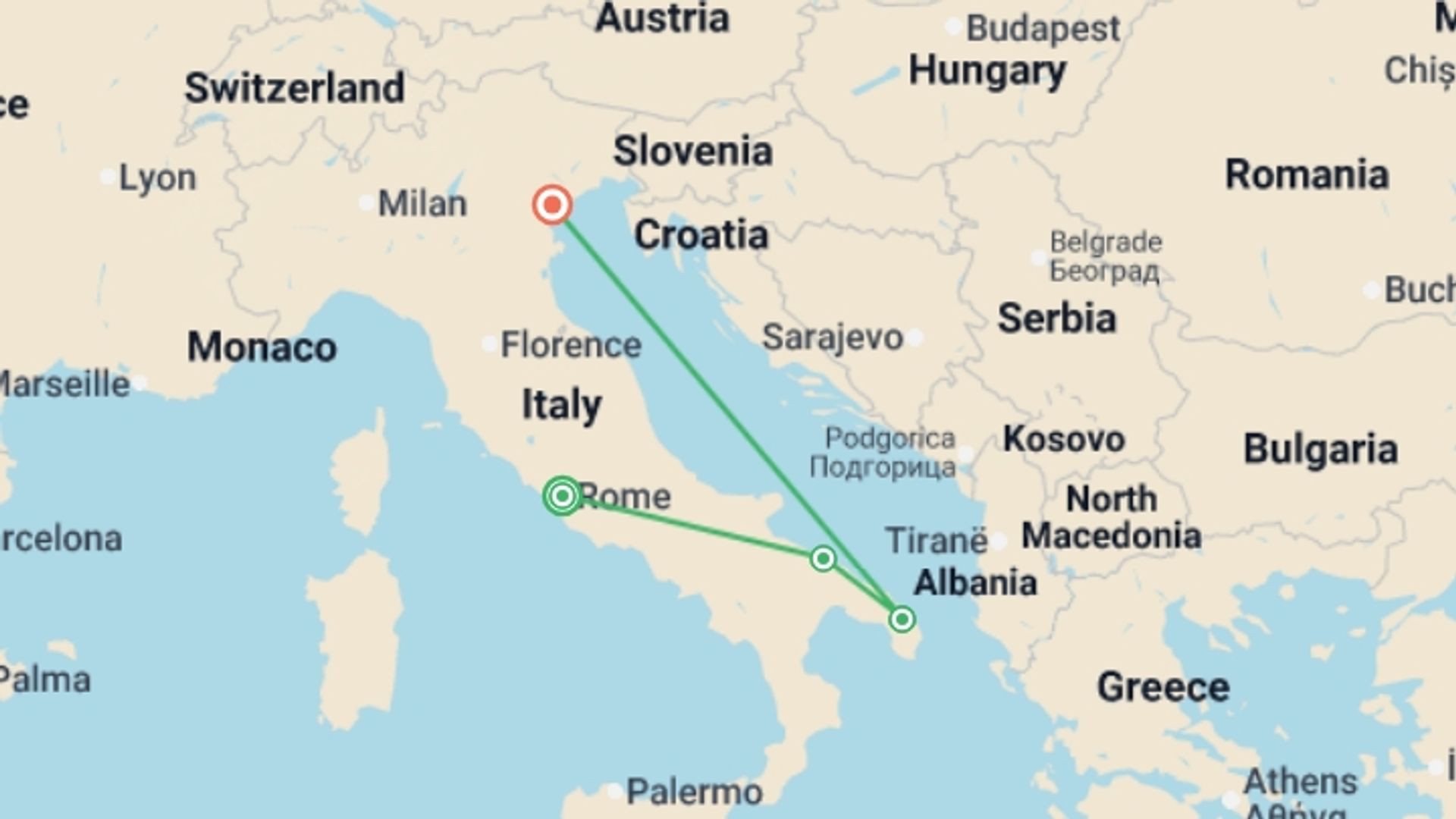 A map showing the tour itinerary for the trip: A Culinary Escape from Rome to Puglia, starting in Rome, Italy and ending in Venice, Italy going through 4 other destinations.