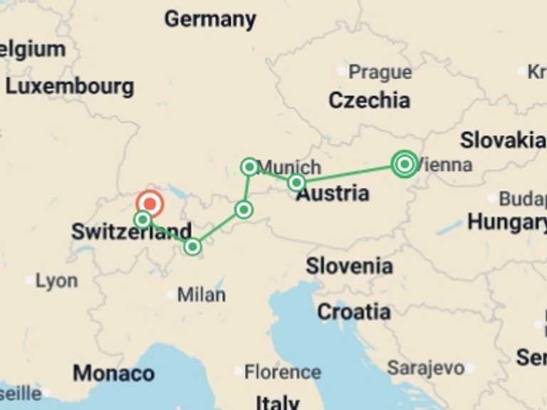 Map itinerary of Europe Tour in September 2026 with 6 destination visits for the trip: Country Roads of Bavaria, Switzerland & Austria